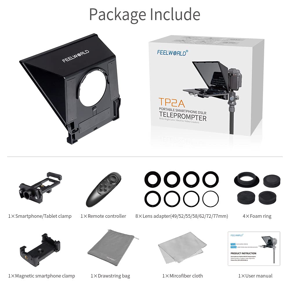 FEELWORLD TP2A 8" Portable Teleprompter for Up to 8" Smartphone Tablet Prompter Support Phone DSLR Camera Video Recording for Live Streaming Interview Speech with Lens Adapter Rings APP Remote Control - Image 7