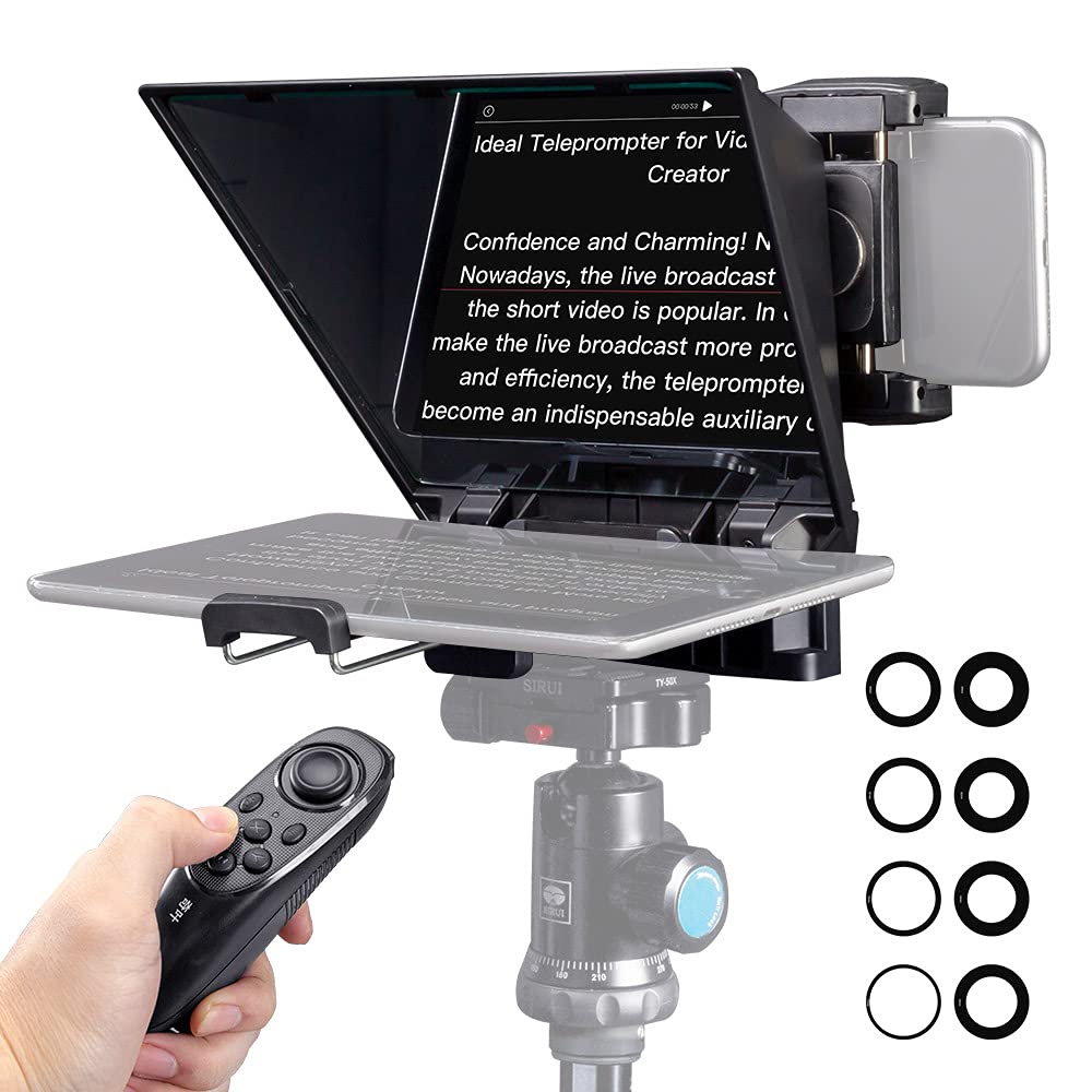 FEELWORLD TP2A 8" Portable Teleprompter for Up to 8" Smartphone Tablet Prompter Support Phone DSLR Camera Video Recording for Live Streaming Interview Speech with Lens Adapter Rings APP Remote Control