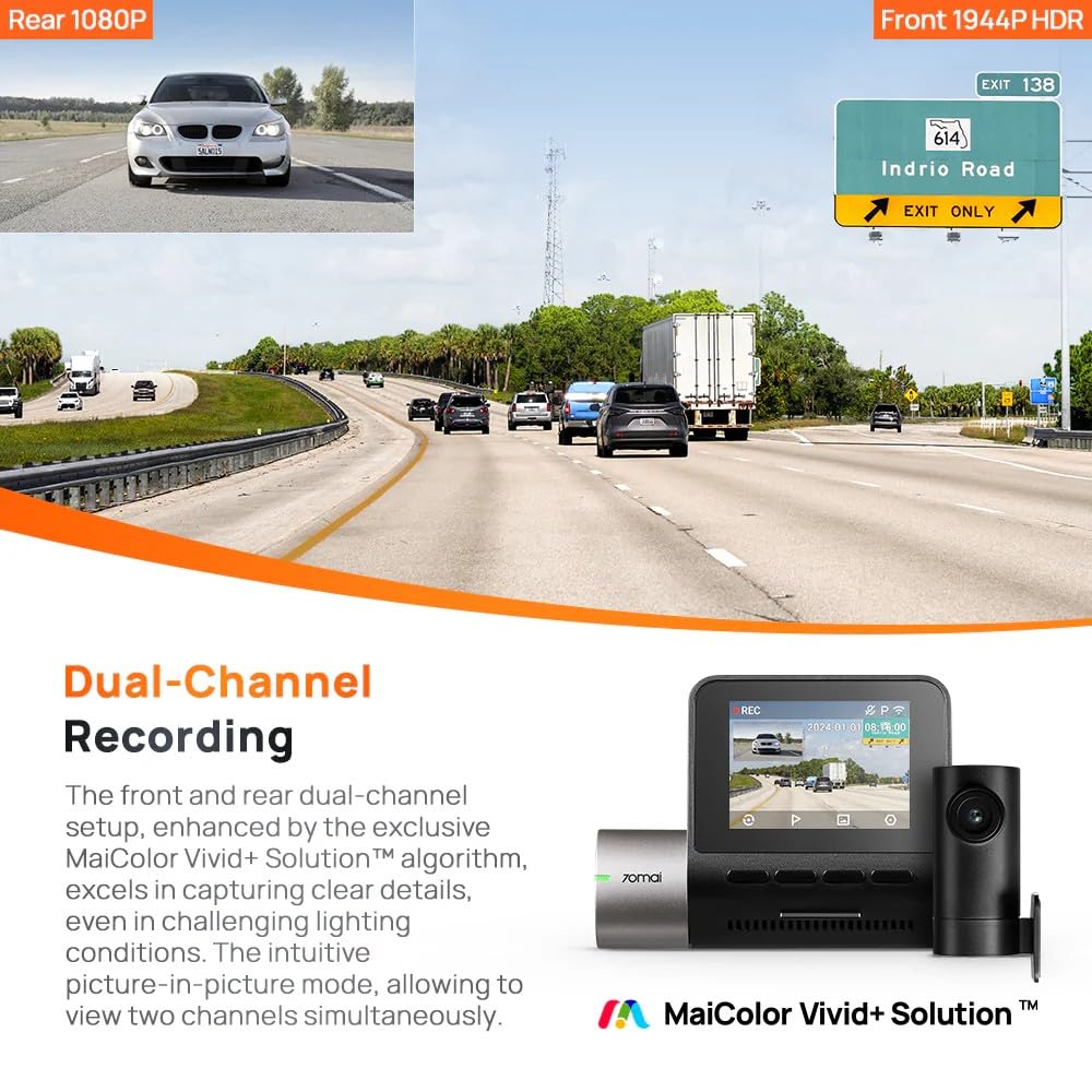 70mai A510 HDR 3K Dual Channel Dash Cam, STARVIS 2 IMX675 Sensor, ADAS, Built-in GPS Logger, Route Recorder, MaiColor Vivid+ with Night Owl Vision, App Playback & Share, Optional Parking Monitoring - Image 5