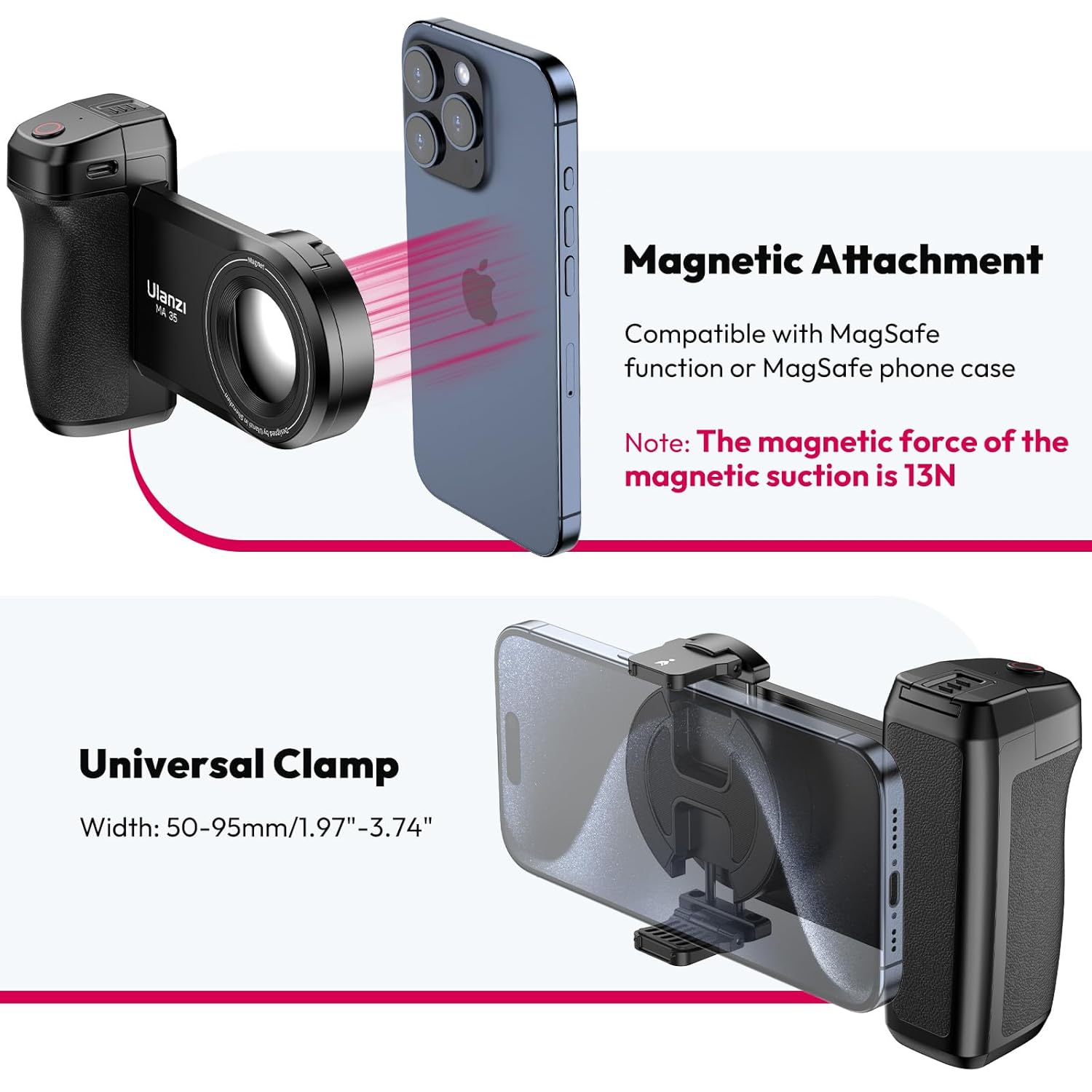ULANZI Selfie Phone Tripod Mount MA35, 2-in-1 Magnetic & Phone Clip Camera Grip Handle Holder with Detachable Remote Shutter with Cold Shoe Adapter for iPhone 14 15 Samsung Smartphone Video Shooting - Image 9