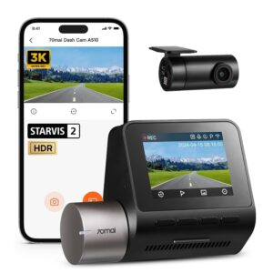 70mai A510 HDR 3K Dual Channel Dash Cam, STARVIS 2 IMX675 Sensor, ADAS, Built-in GPS Logger, Route Recorder, MaiColor Vivid+ with Night Owl Vision, App Playback & Share, Optional Parking Monitoring