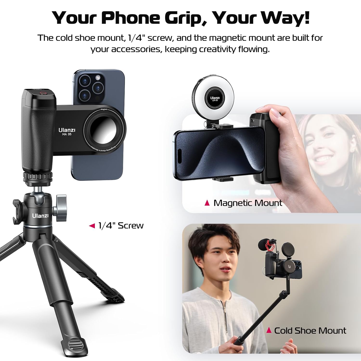 ULANZI Selfie Phone Tripod Mount MA35, 2-in-1 Magnetic & Phone Clip Camera Grip Handle Holder with Detachable Remote Shutter with Cold Shoe Adapter for iPhone 14 15 Samsung Smartphone Video Shooting - Image 6